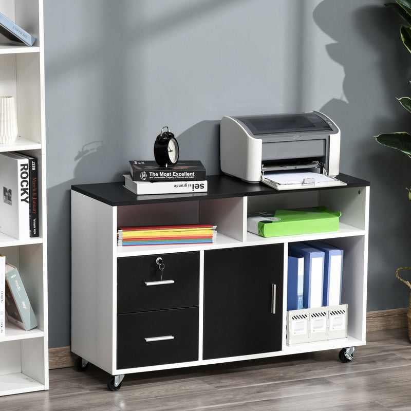 Printer Stand Home Office Mobile File Cabinet Organizer with Castors, Lockable Drawer, Black w/ Castor, Key