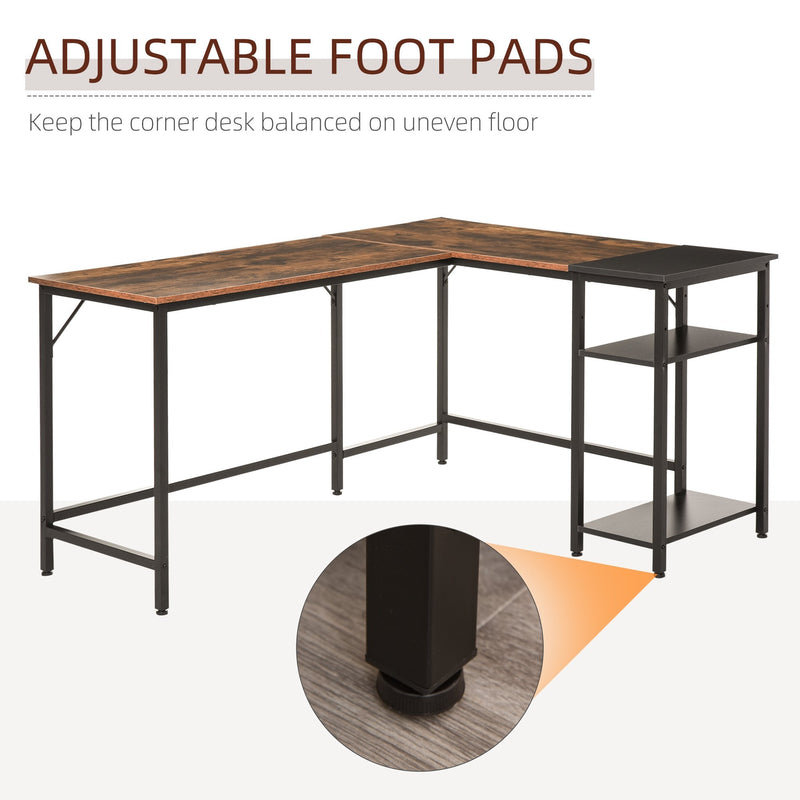 L-Shaped Computer Desk Industrial Cornor Writing Desk with Adjustable Storage Shelf Space-Saving Home Office Workstation Rustic Brown Compact Gaming