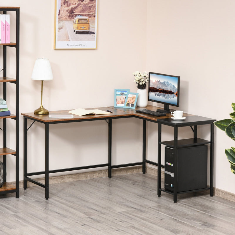 L-Shaped Computer Desk Industrial Cornor Writing Desk with Adjustable Storage Shelf Space-Saving Home Office Workstation Rustic Brown Compact Gaming