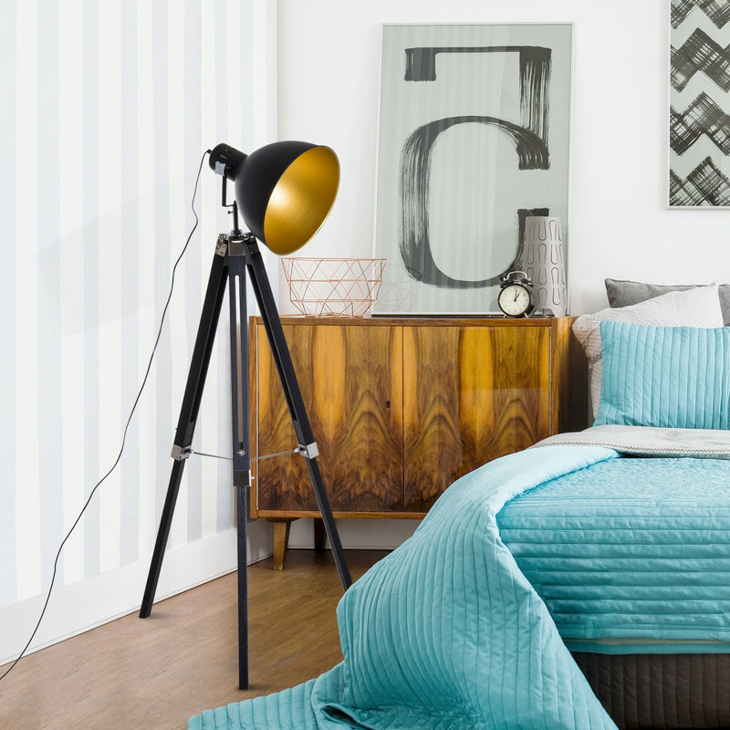 HOMCOM Retro Tripod Floor Lamp Height Adjustable Studio Dome Shade Light Wooden Legs-Black/Gold
