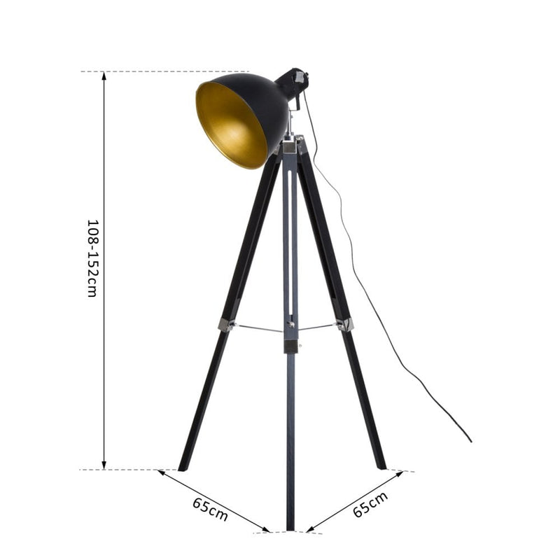 HOMCOM Retro Tripod Floor Lamp Height Adjustable Studio Dome Shade Light Wooden Legs-Black/Gold