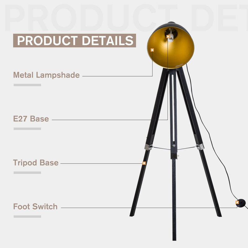 HOMCOM Retro Tripod Floor Lamp Height Adjustable Studio Dome Shade Light Wooden Legs-Black/Gold