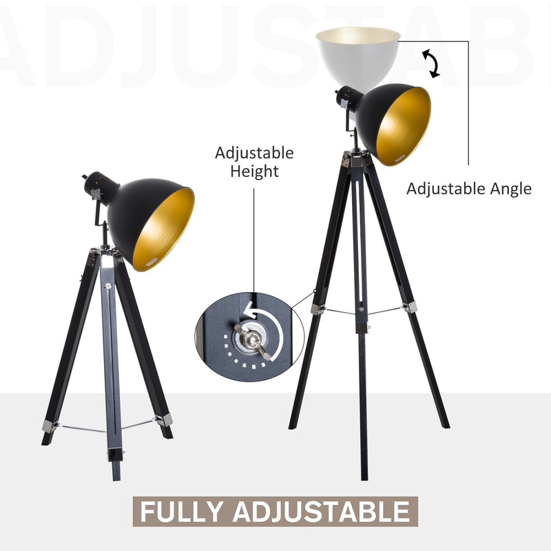 HOMCOM Retro Tripod Floor Lamp Height Adjustable Studio Dome Shade Light Wooden Legs-Black/Gold