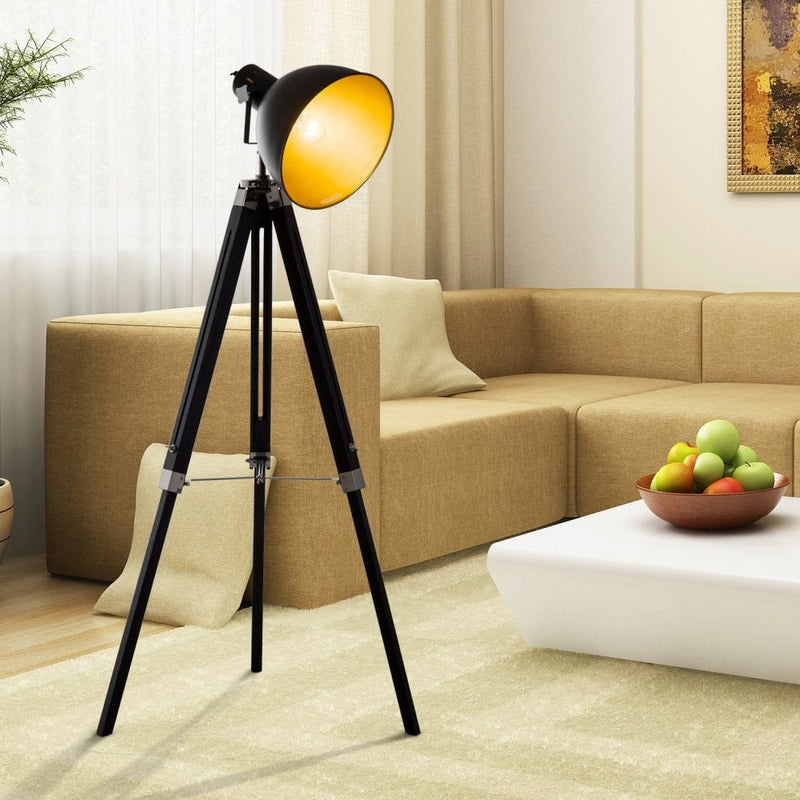 HOMCOM Retro Tripod Floor Lamp Height Adjustable Studio Dome Shade Light Wooden Legs-Black/Gold