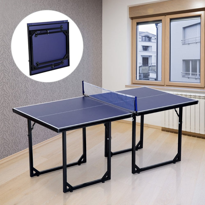 HOMCOM 6ft 182cm Mini Table Tennis Table Folding Ping Pong Table with - Blue