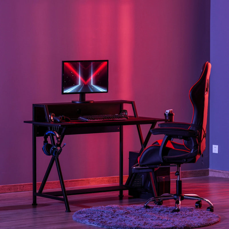 Racing Gaming Desk Carbon Fiber Style Computer Table with Elevated Monitor Shelf, Headphone Hook and Cup Holder, Black w/Elevated
