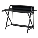 Racing Gaming Desk Carbon Fiber Style Computer Table with Elevated Monitor Shelf, Headphone Hook and Cup Holder, Black w/Elevated