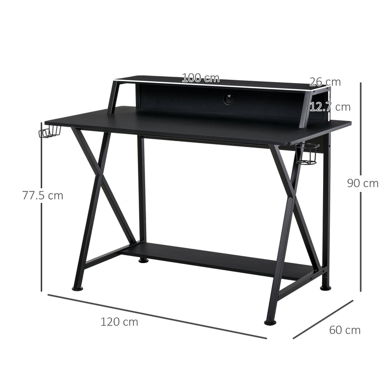 Racing Gaming Desk Carbon Fiber Style Computer Table with Elevated Monitor Shelf, Headphone Hook and Cup Holder, Black w/Elevated