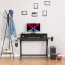 Racing Gaming Desk Carbon Fiber Style Computer Table with Elevated Monitor Shelf, Headphone Hook and Cup Holder, Black w/Elevated