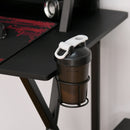 Racing Gaming Desk Carbon Fiber Style Computer Table with Elevated Monitor Shelf, Headphone Hook and Cup Holder, Black w/Elevated
