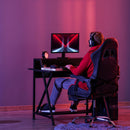 Racing Gaming Desk Carbon Fiber Style Computer Table with Elevated Monitor Shelf, Headphone Hook and Cup Holder, Black w/Elevated