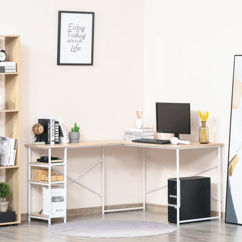 L-Shaped Home Office Desk Corner PC Table Computer Workstation with Storage Shelf, Cord Holes
