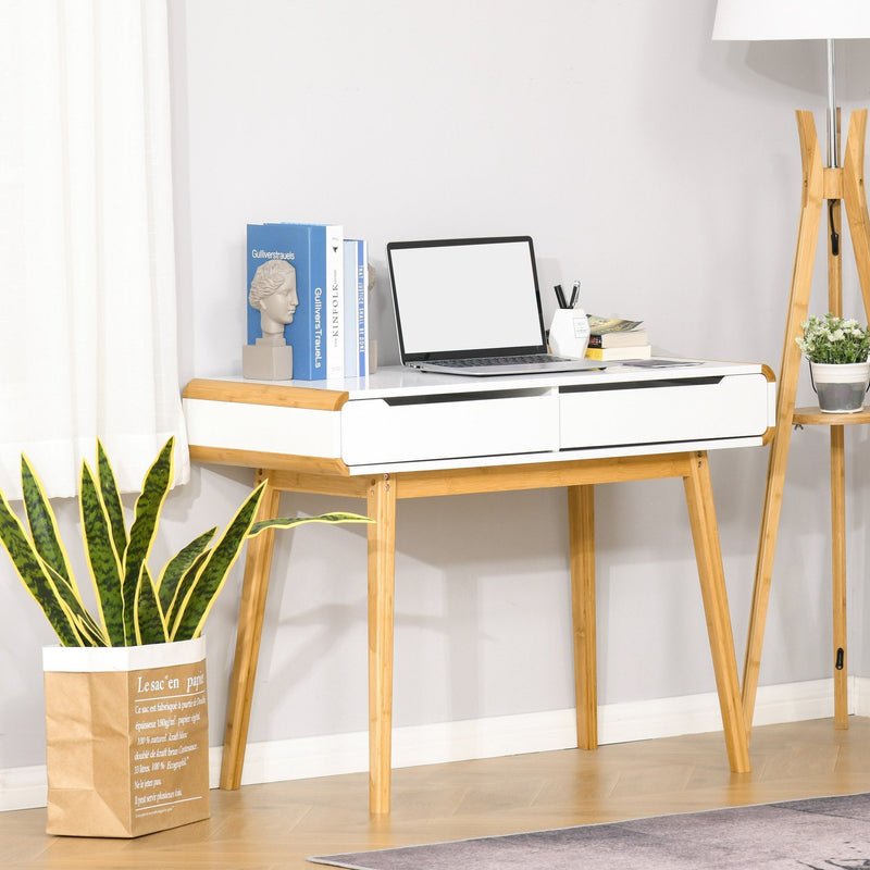 Writing Desk with Drawers, Study Table Laptop Desk Workstation with Bamboo Elements for Home Office - White