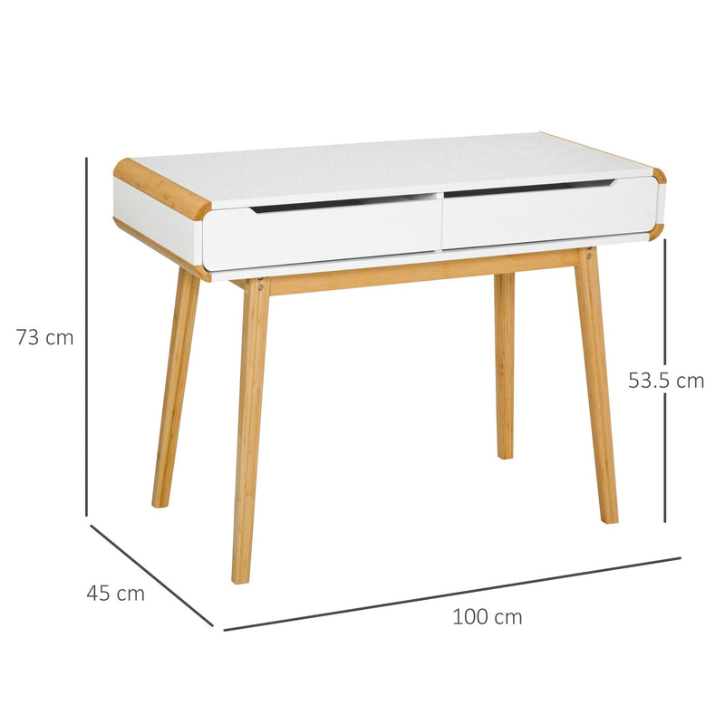 Writing Desk with Drawers, Study Table Laptop Desk Workstation with Bamboo Elements for Home Office - White