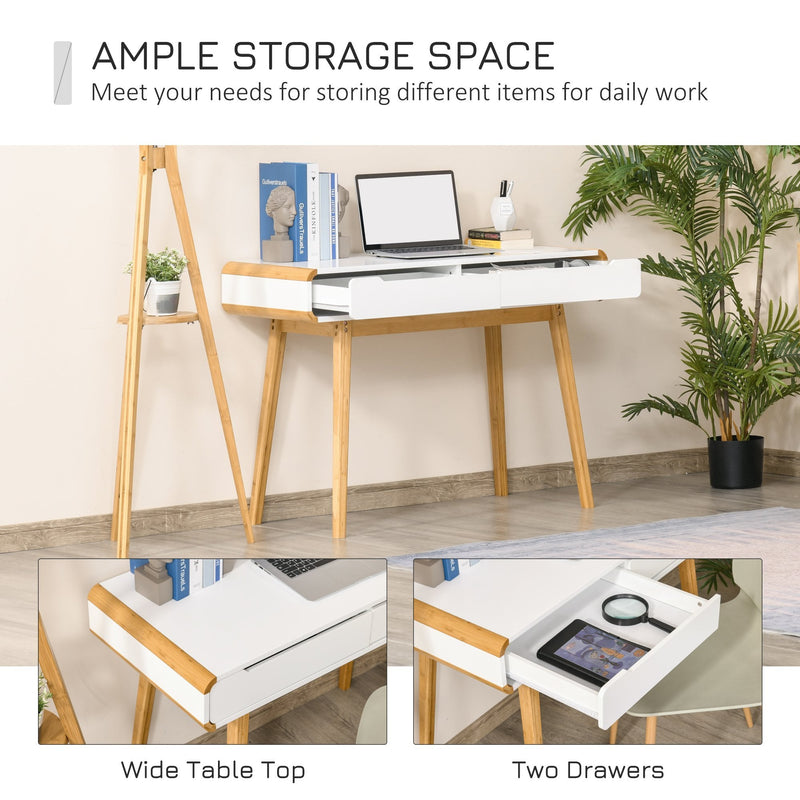 Writing Desk with Drawers, Study Table Laptop Desk Workstation with Bamboo Elements for Home Office - White