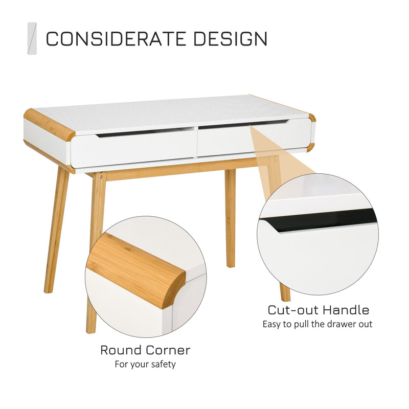 Writing Desk with Drawers, Study Table Laptop Desk Workstation with Bamboo Elements for Home Office - White