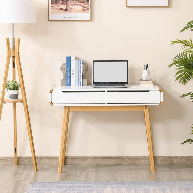 Writing Desk with Drawers, Study Table Laptop Desk Workstation with Bamboo Elements for Home Office - White
