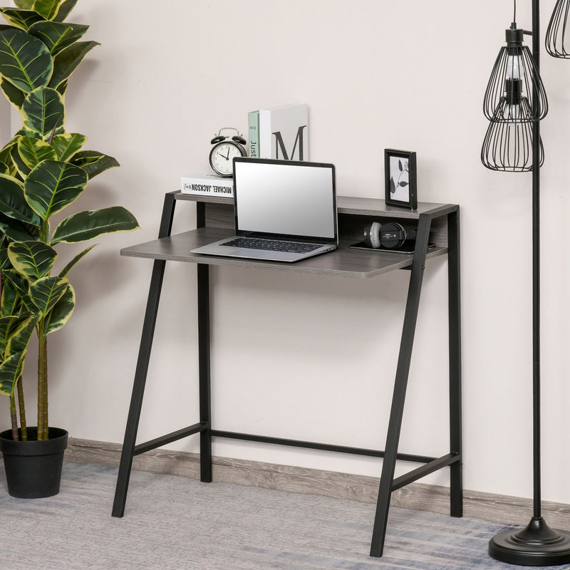 Writing Desk Computer Table PC Laptop Workstation with Storage Shelf and Steel Frame, for Living Room, Dining Room, Office, Dorm, Black and Grey Metal