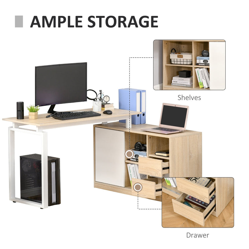 L-Shaped Home Office Writing Desk with Storage Shelf, Drawer, Corner PC Table Computer Workstation, Oak Beige White