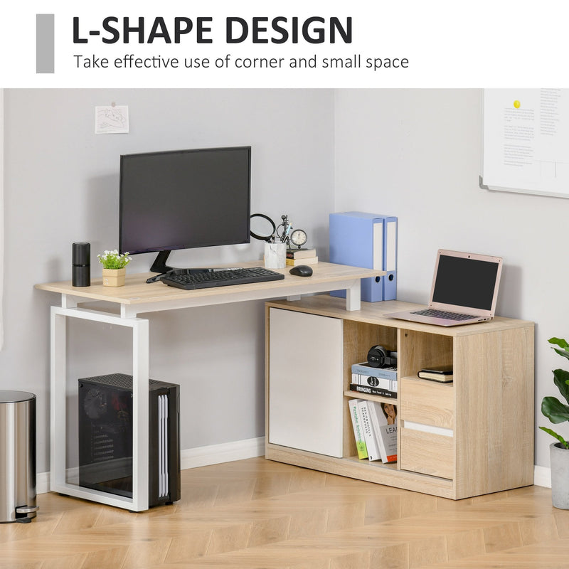 L-Shaped Home Office Writing Desk with Storage Shelf, Drawer, Corner PC Table Computer Workstation, Oak Beige White