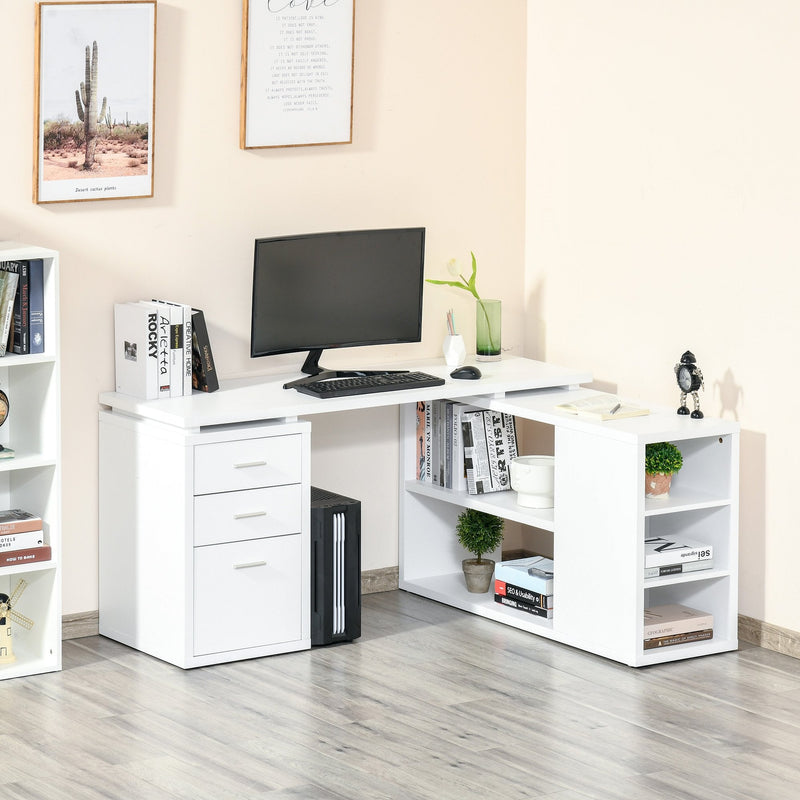 HOMCOM L Shaped Desk with Hutch Computer Desk with Drawers Home Office  Corner Desk Study Workstation Table with Storage Cabinets Shelves White