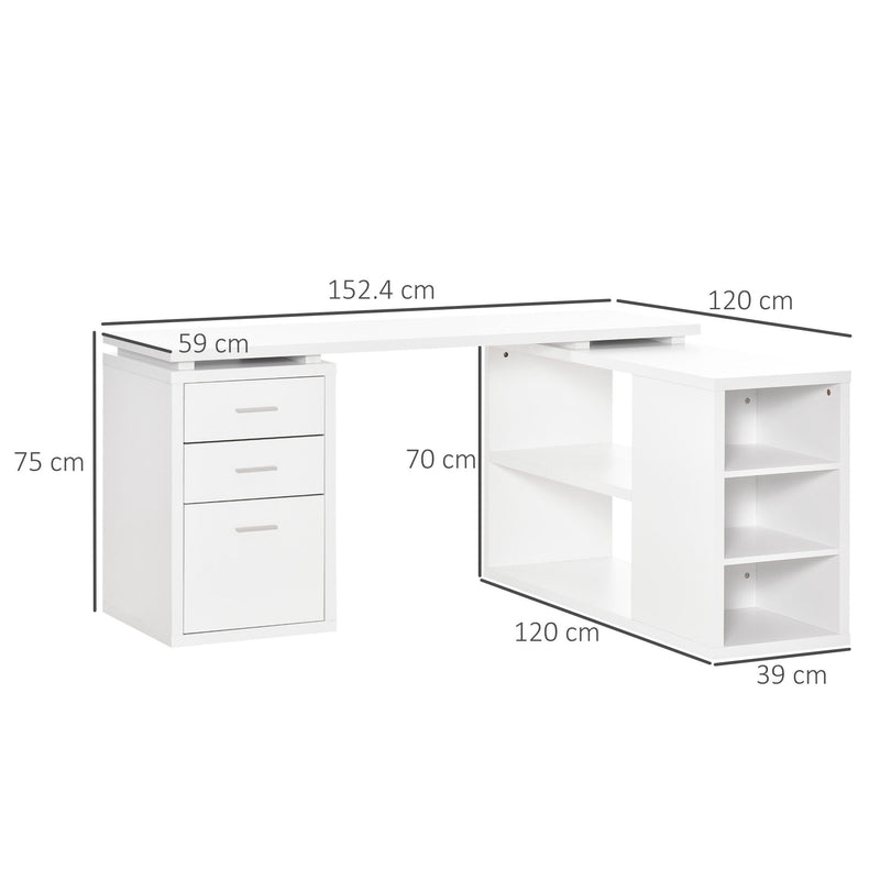 L-Shaped Computer Desk Home Office Corner Desk Study Workstation Table with Storage Shelves and Drawers, White
