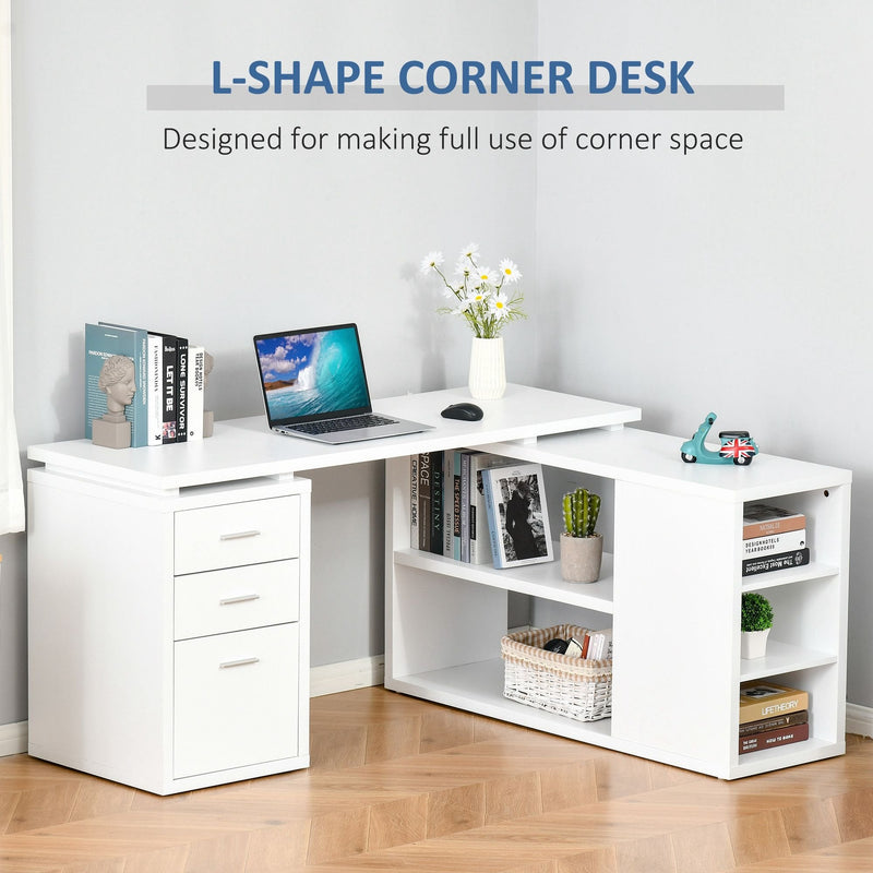 HOMCOM L Shaped Desk with Hutch Computer Desk with Drawers Home Office  Corner Desk Study Workstation Table with Storage Cabinets Shelves White