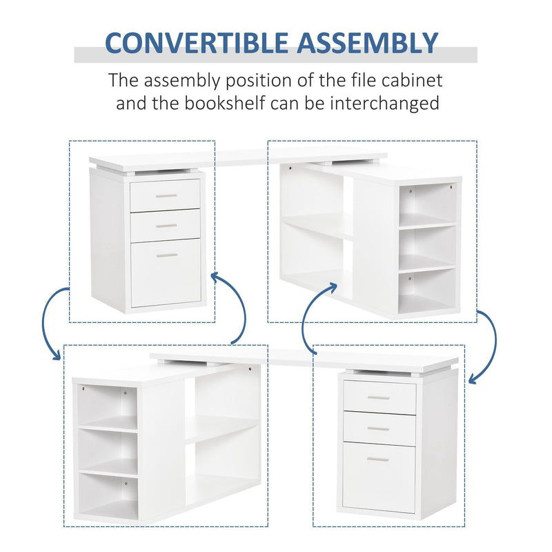 L-Shaped Computer Desk Home Office Corner Desk Study Workstation Table with Storage Shelves and Drawers, White