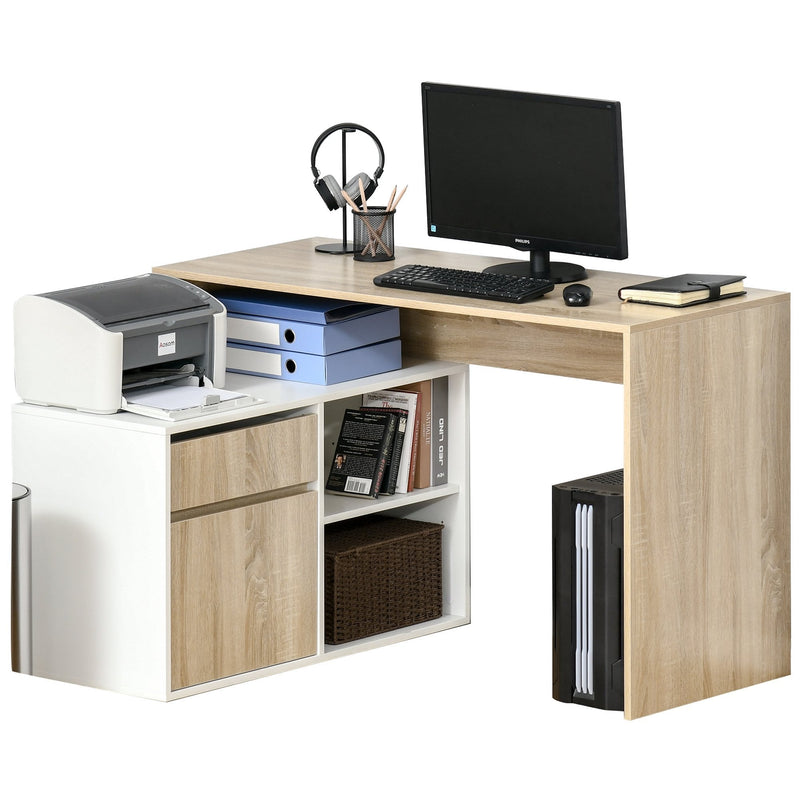 L-Shaped Corner Computer Desk Study Table PC Work w/ Storage Shelf Drawer Office, Oak and White Office