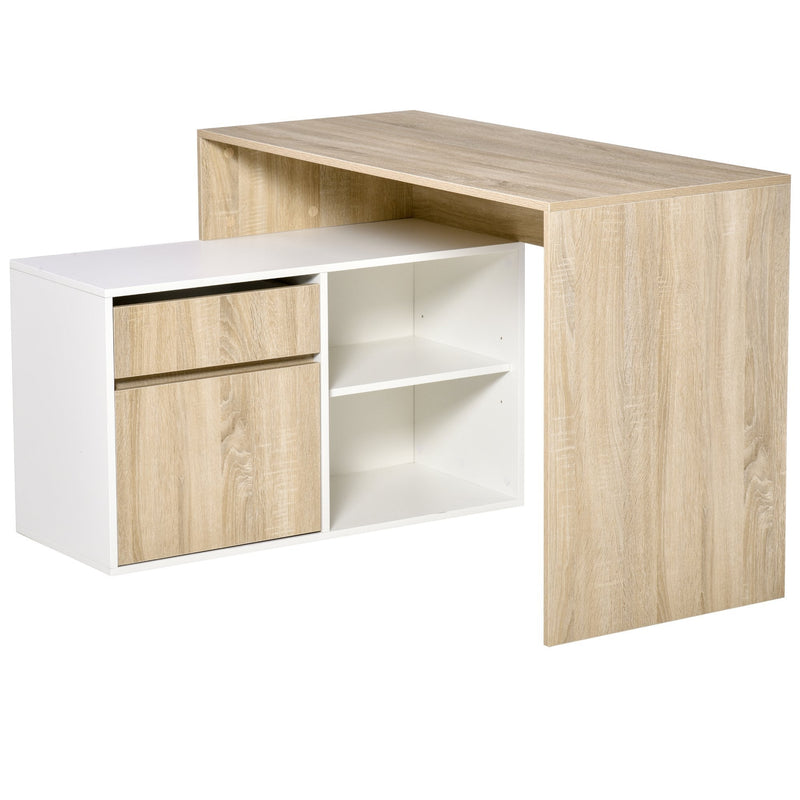 L-Shaped Corner Computer Desk Study Table PC Work w/ Storage Shelf Drawer Office, Oak and White Office