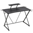 Gaming Computer Desk with Monitor Shelf Ergonomic Writing Racing Table Workstation Cup Holder Headphone Hook Subwoofer Rack Cable Hole Curved Front for Home Office Use Black