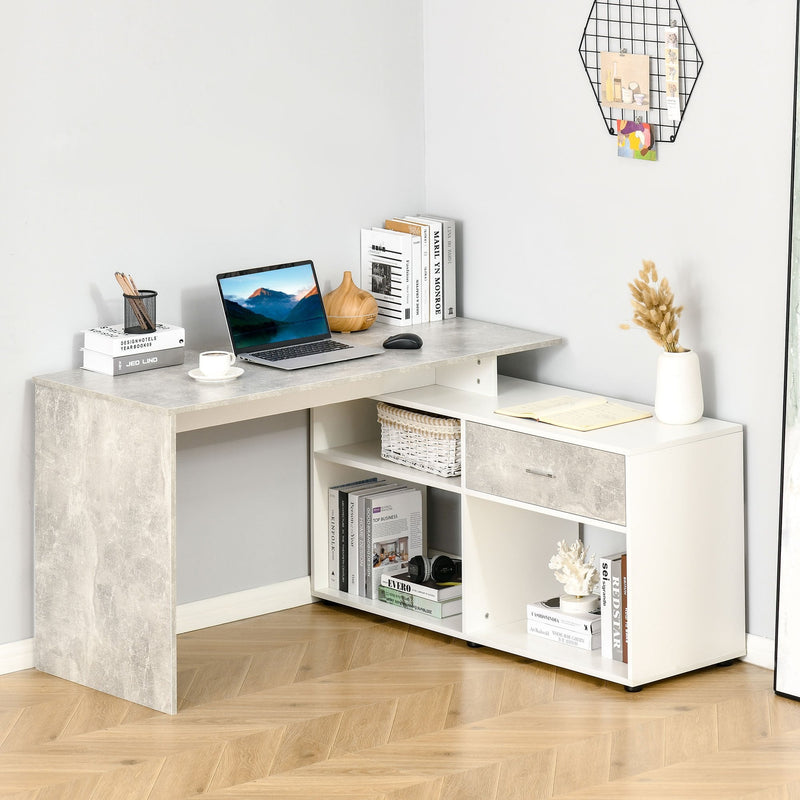 L-Shaped Computer Desk Home Office Corner Desk Study Workstation Space Saving Table with Shelves Drawer, Grey and White Drawer