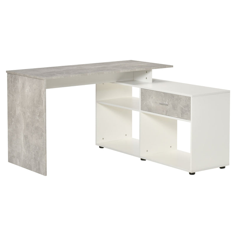 L-Shaped Computer Desk Home Office Corner Desk Study Workstation Space Saving Table with Shelves Drawer, Grey and White Drawer