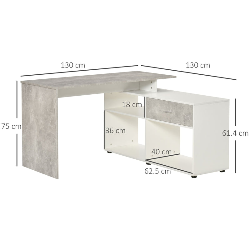 L-Shaped Computer Desk Home Office Corner Desk Study Workstation Space Saving Table with Shelves Drawer, Grey and White Drawer