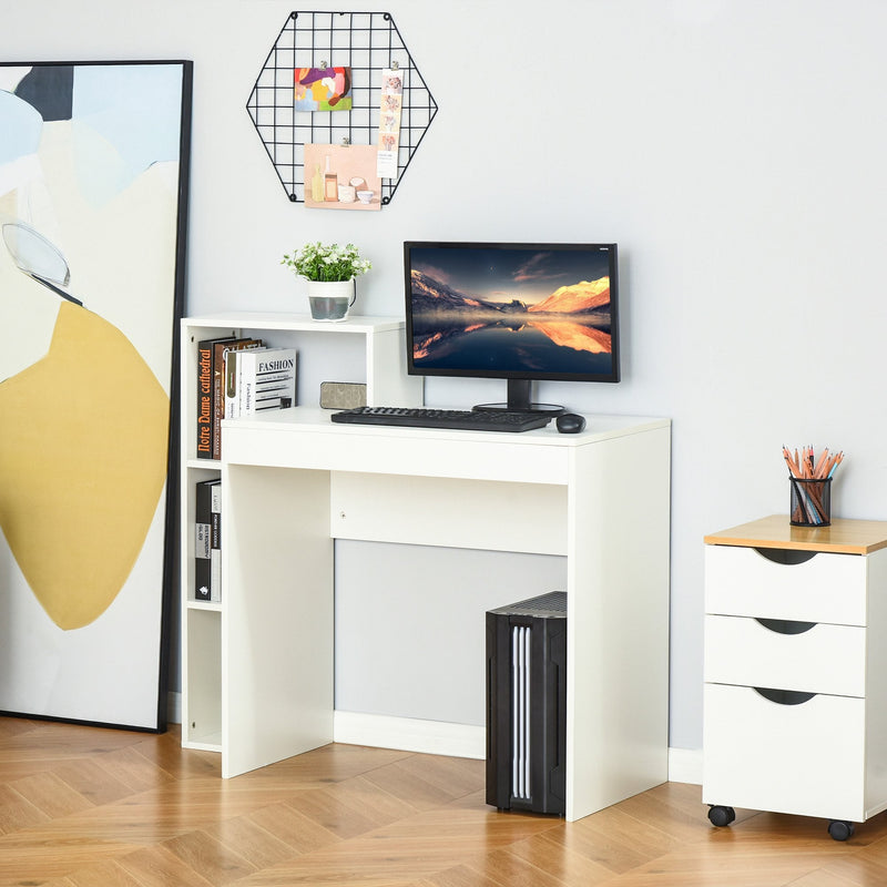 Lewis's   Compact Computer Desk with Storage Writing Table Modern for Flat Office Bedroom w/ Storage Shelf Rack Integrated Bookcase, White