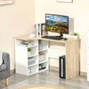 L-Shaped Corner Computer Desk Study Table PC Work with Storage Shelf Office Home Workstation Space Saving, Oak and White