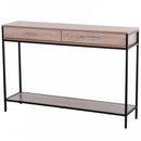 Industrial Console Table Narrow Worktop w/ Bottom Shelf & Two Drawers Oak Wood