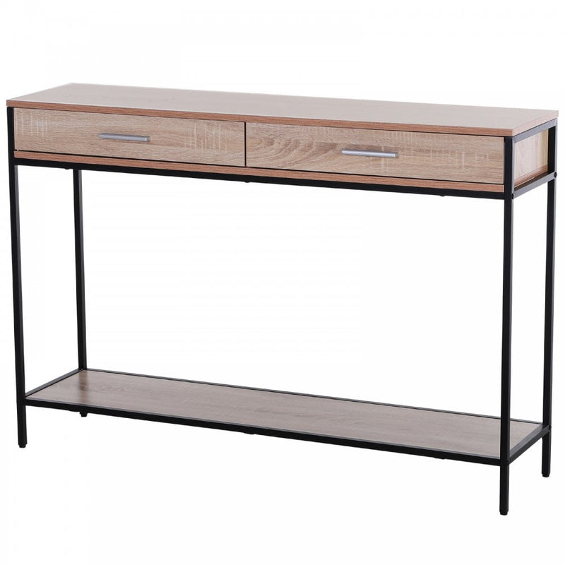 Industrial Console Table Narrow Worktop w/ Bottom Shelf & Two Drawers Oak Wood