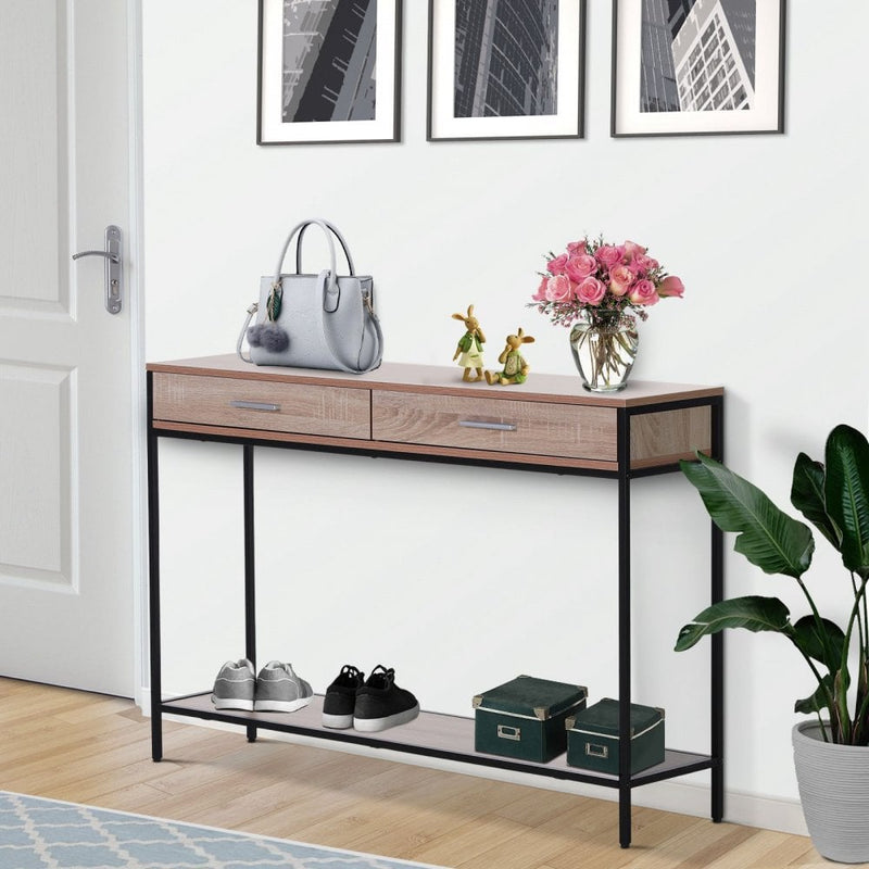Industrial Console Table Narrow Worktop w/ Bottom Shelf & Two Drawers Oak Wood