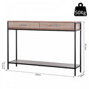 Industrial Console Table Narrow Worktop w/ Bottom Shelf & Two Drawers Oak Wood