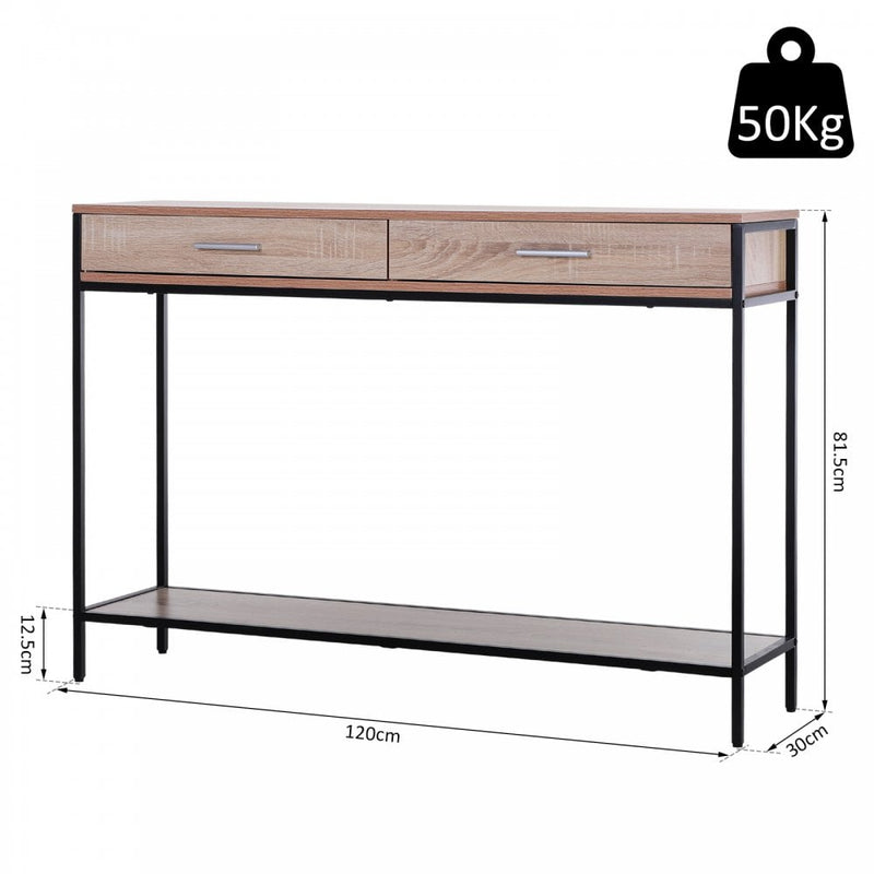 Industrial Console Table Narrow Worktop w/ Bottom Shelf & Two Drawers Oak Wood
