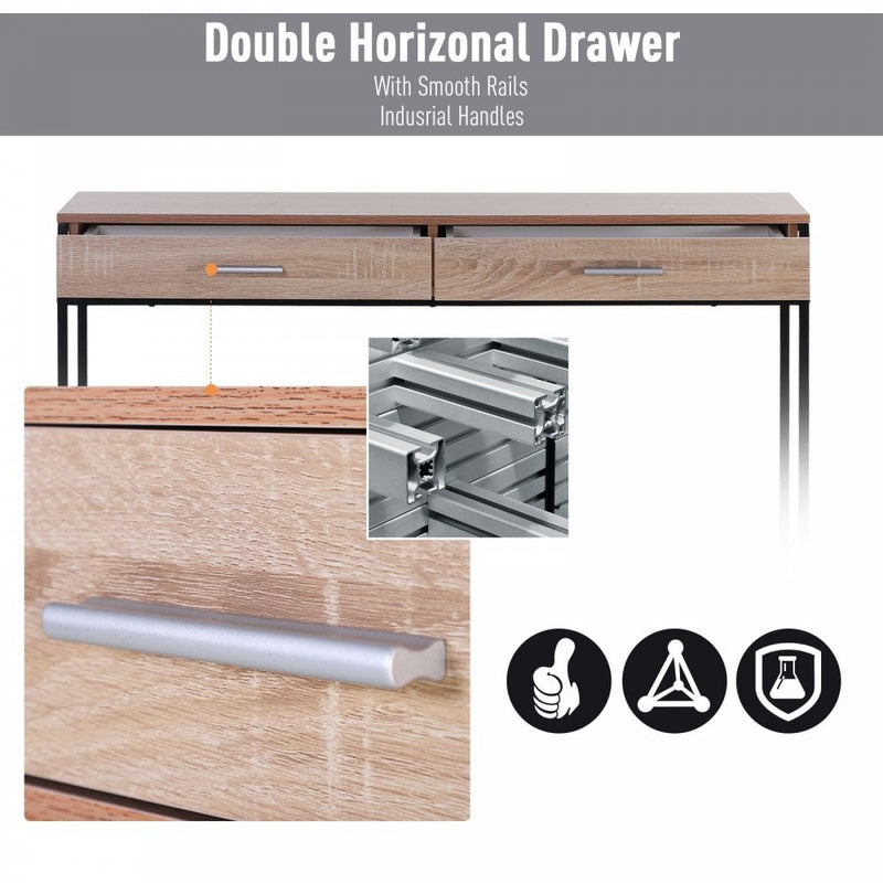 Industrial Console Table Narrow Worktop w/ Bottom Shelf & Two Drawers Oak Wood