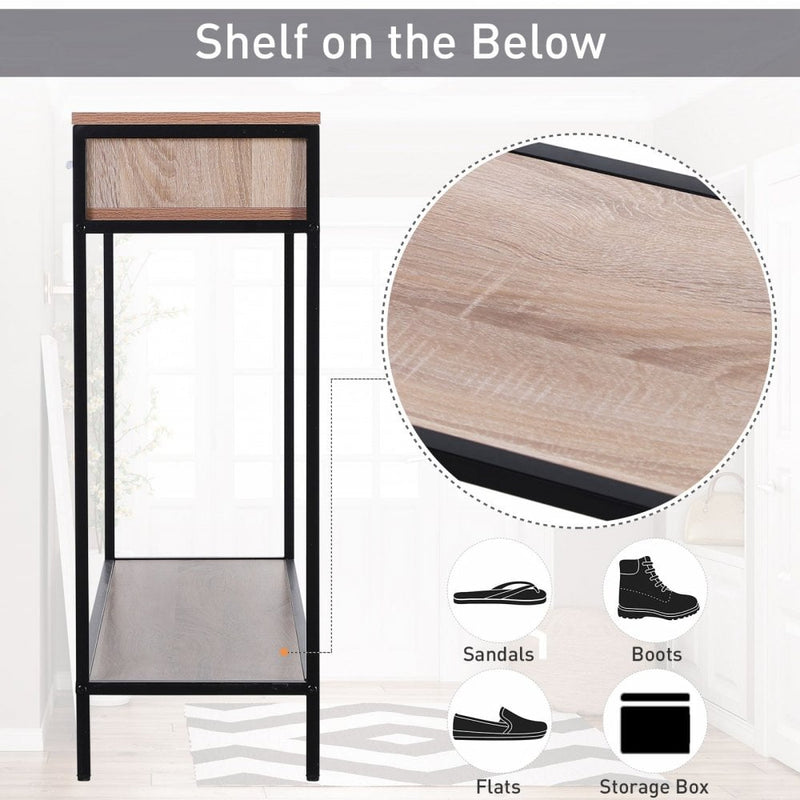 Industrial Console Table Narrow Worktop w/ Bottom Shelf & Two Drawers Oak Wood