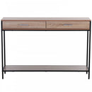 Industrial Console Table Narrow Worktop w/ Bottom Shelf & Two Drawers Oak Wood