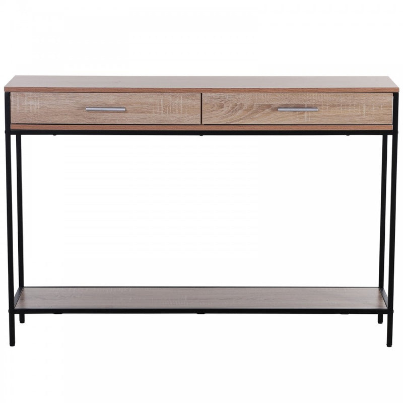 Industrial Console Table Narrow Worktop w/ Bottom Shelf & Two Drawers Oak Wood
