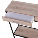 Industrial Console Table Narrow Worktop w/ Bottom Shelf & Two Drawers Oak Wood