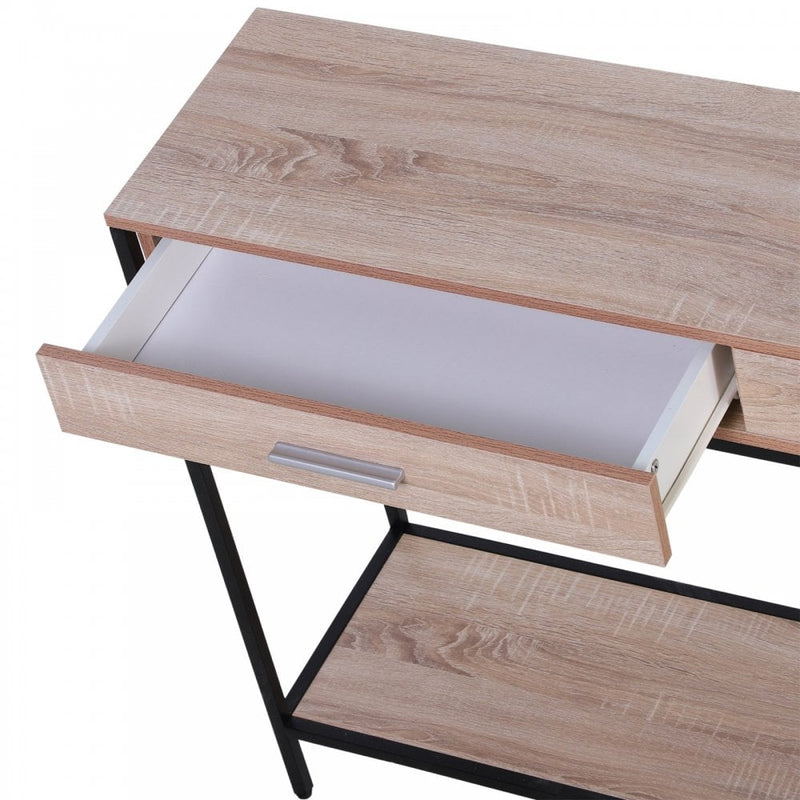 Industrial Console Table Narrow Worktop w/ Bottom Shelf & Two Drawers Oak Wood