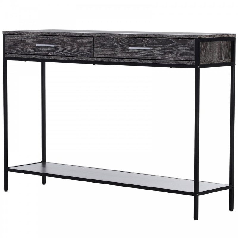 Industrial Console Table Narrow Worktop w/ Bottom Shelf & Two Drawers Grey Wood