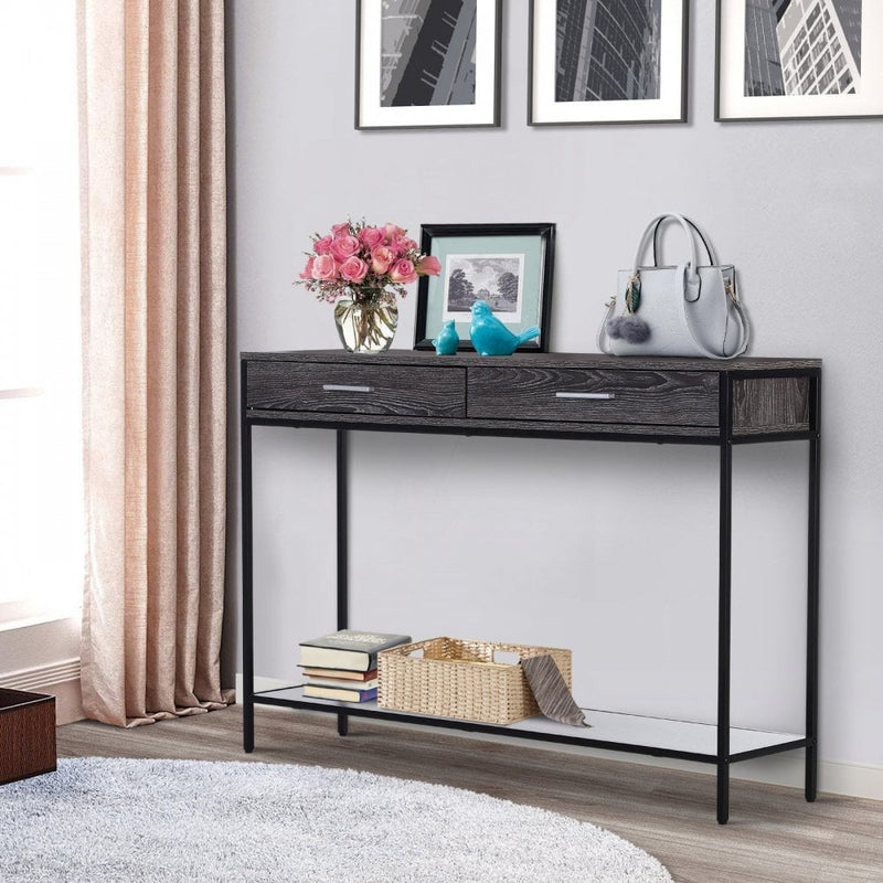 Industrial Console Table Narrow Worktop w/ Bottom Shelf & Two Drawers Grey Wood