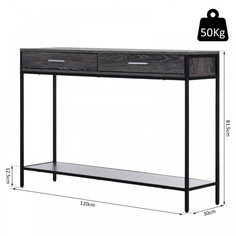 Industrial Console Table Narrow Worktop w/ Bottom Shelf & Two Drawers Grey Wood